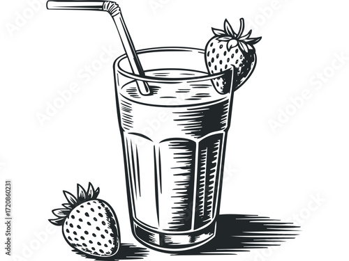 Glass of Strawberry Drink with Straw and Fruit. Vector hand drawn illustration