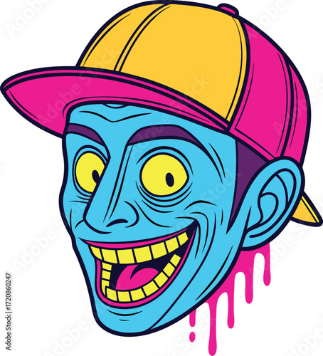 Vector art of a creepy cartoon character with a bright yellow and pink baseball cap, grinning maniacally with dripping pink goo