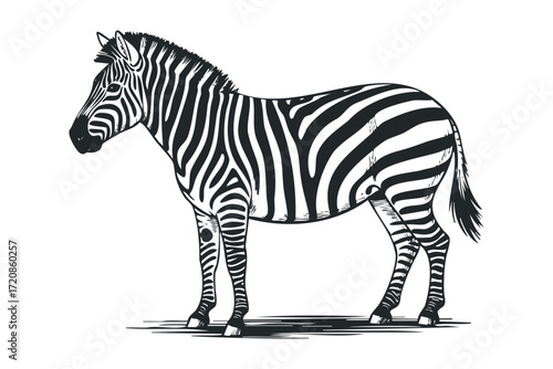 Black and white sketch of a zebra standing. Vector hand drawn illustration