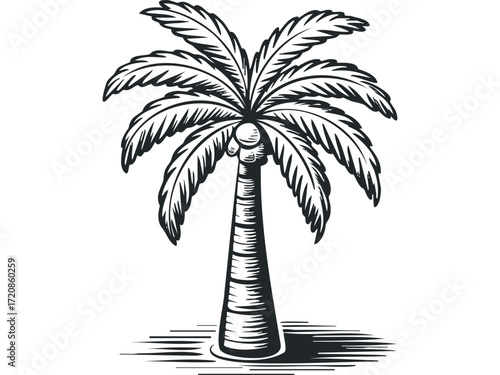 Striking Black and White Palm Tree with Shadow. Vector hand drawn illustration