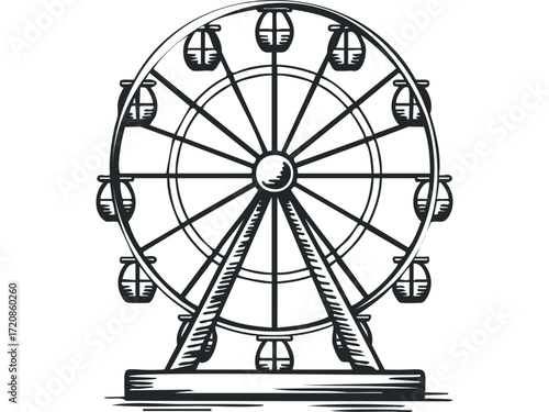 Line art Ferris wheel with gondolas on transparent background. Vector hand drawn illustration