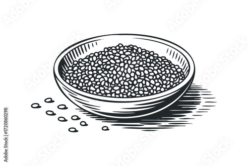 Bowl filled with seeds on transparent background. Vector hand drawn illustration