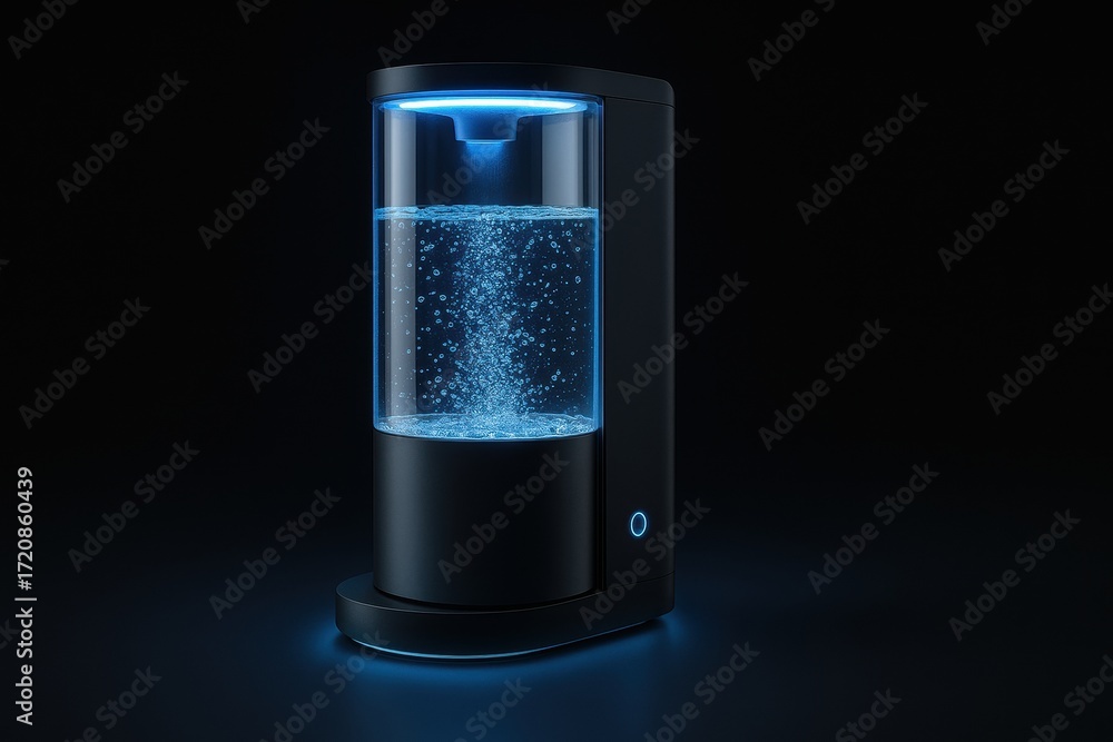 Fototapeta premium Home water purifier. Sleek black water dispenser with illuminated bubbles, set against a dark background.