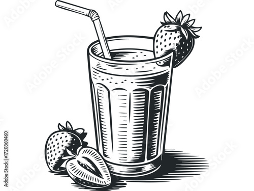 Strawberry smoothie in glass with whole and halved strawberries and straw on transparent background. Vector hand drawn illustration