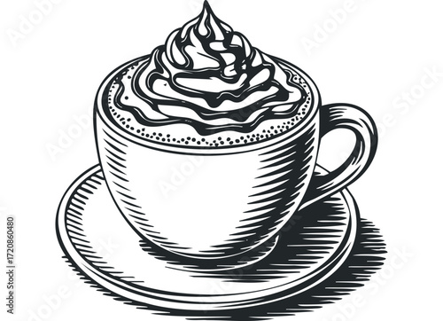 Espresso drink with whipped cream and chocolate drizzle. Vector hand drawn illustration