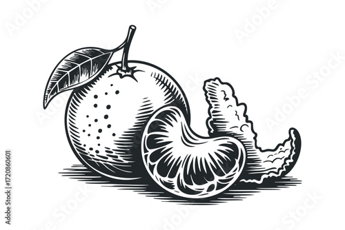 Tangerine Fruit Segment and Peel on Transparent Background. Vector hand drawn illustration