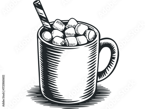 Hot Chocolate With Marshmallows And Straw. Vector hand drawn illustration