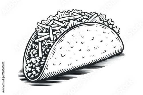 Detailed line drawing of a fully loaded taco on transparent. Vector hand drawn illustration