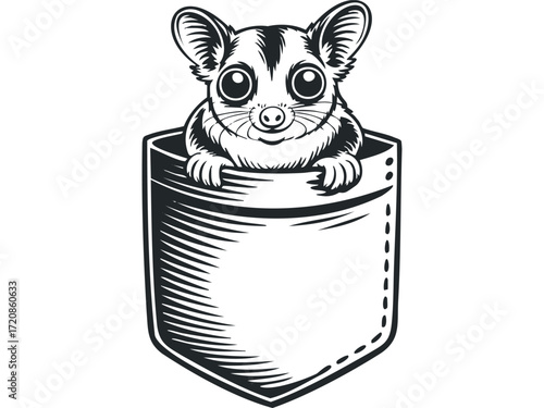 Cute possum peeking out from a pocket. Vector hand drawn illustration