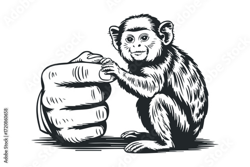 Young primate touching giant thumb in monochrome graphic. Vector hand drawn illustration