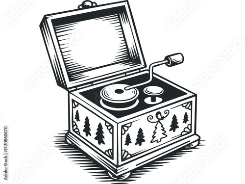 Vintage music box with crank and engraved forest motif. Vector hand drawn illustration