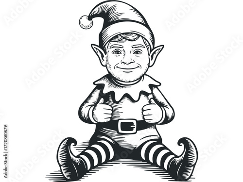 Friendly elf giving thumbs up gesture. Vector hand drawn illustration