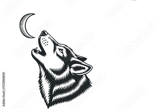 Wolf howling at moon graphic on transparent. Vector hand drawn illustration