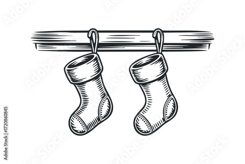 Two Christmas stockings hanging on a wooden mantel. Vector hand drawn illustration