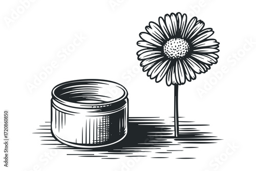 Jar of flower petals with stem and leaves. Vector hand drawn illustration