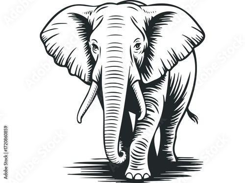 Walking elephant graphic. Vector hand drawn illustration
