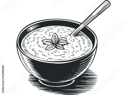 Bowl of Oatmeal with Basil Garnish and Spoon. Vector hand drawn illustration