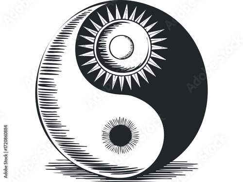 Yin Yang symbol with sun and moon element. Vector hand drawn illustration