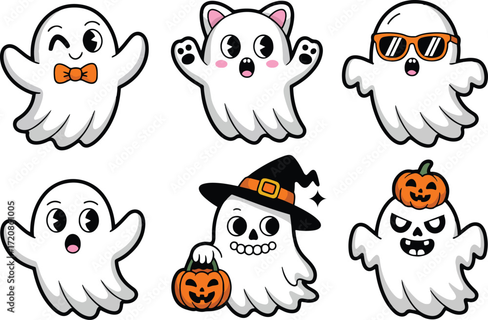 Fototapeta premium halloween ghost cartoon set design. cute spooky ghosts with pumpkin witch hat and accessories vector illustration