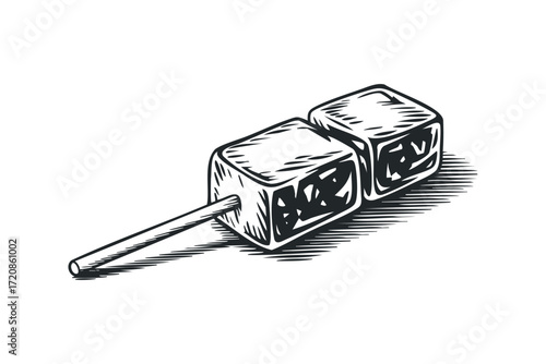 Two cube-shaped food items on a stick. Vector hand drawn illustration