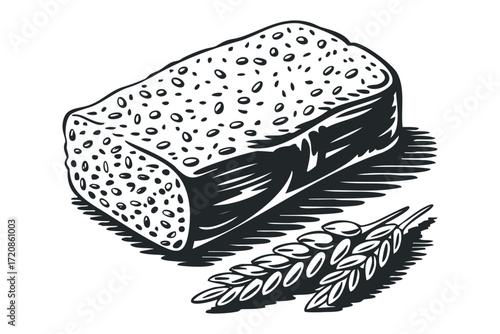 Loaf of Bread with Wheat Stalks. Vector hand drawn illustration