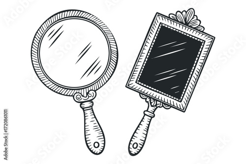 Vintage Hand Mirrors Collection Line Art. Vector hand drawn illustration