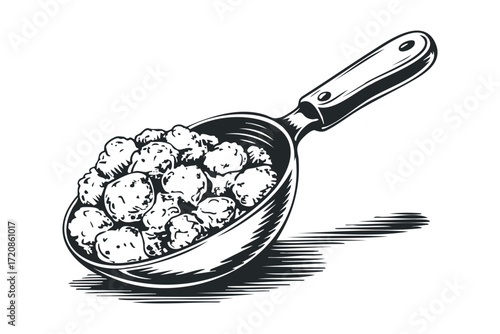 Scoop full of meat spheres with handle and shadow. Vector hand drawn illustration