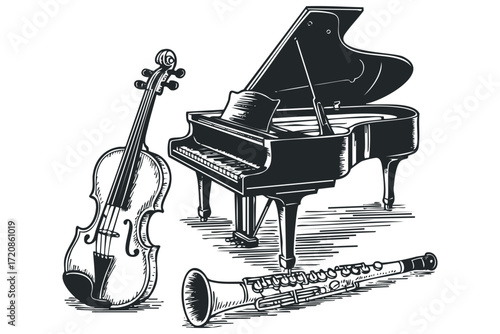 Grand piano violin and clarinet ensemble. Vector hand drawn illustration