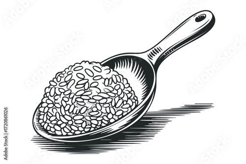 Wooden scoop filled with grain. Vector hand drawn illustration