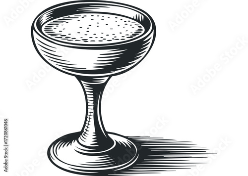 Engraved Glass of Bubbly Beverage with Dynamic Shadow. Vector hand drawn illustration