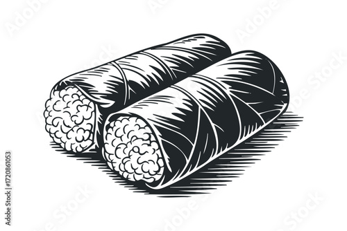 Two delicious savory rolls with rice filling. Vector hand drawn illustration