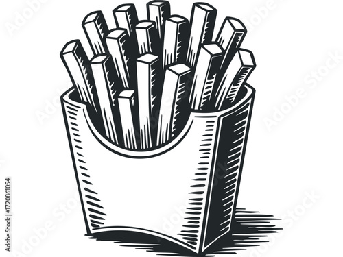 French fries in a paper container sketch. Vector hand drawn illustration