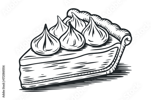 Slice of pie with meringue topping in woodcut style. Vector hand drawn illustration