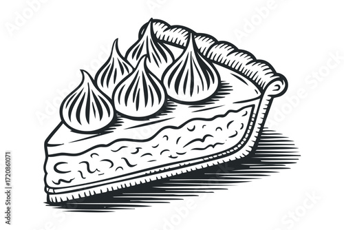 Slice of meringue pie with whipped cream peaks. Vector hand drawn illustration