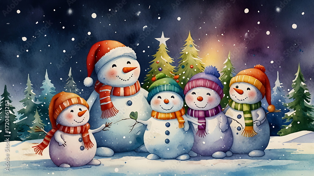 Fototapeta premium Christmas animal cards in watercolor style snowman on the snow with Christmas gifts boxes 