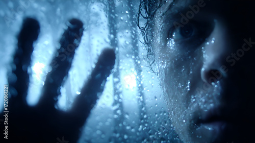 Trapped Behind Glass, Emotional Isolation in Blue Light, Haunting Gaze Through Rain-Streaked Window