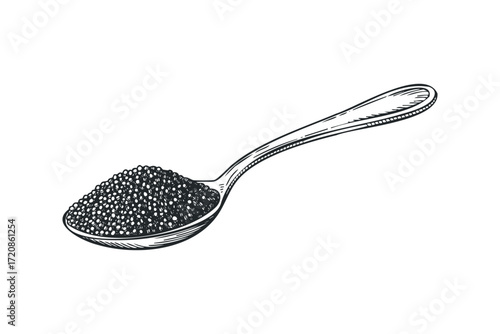 Engraved Spoon Filled With Black Caviar. Vector hand drawn illustration