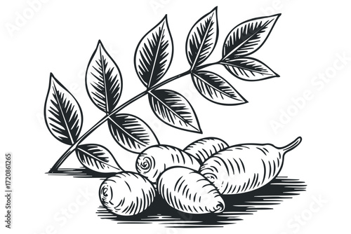 Botanical drawing of potato tubers with leaves. Vector hand drawn illustration