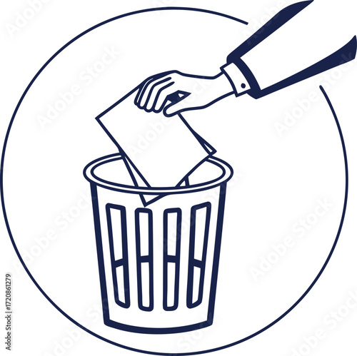 Minimalist outline icon of hand discarding paper into trash bin.