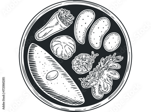 Assorted food items arranged on a circular plate. Vector hand drawn illustration