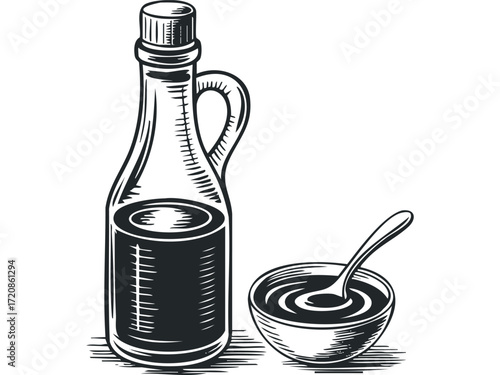 Oil bottle and bowl with spoon. Vector hand drawn illustration