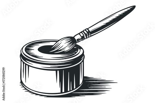 Paintbrush dipping into ink pot. Vector hand drawn illustration