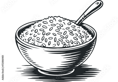 Bowl of rice with spoon. Vector hand drawn illustration