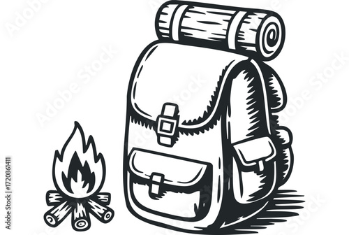Backpack and campfire. Vector hand drawn illustration