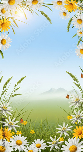 Vibrant daisy and wildflower frame against a clear blue sky, capturing the essence of a fresh spring or summer meadow with distant mountains, perfect for natural backdrops and seasonal designs
