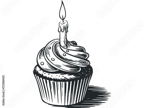 Single cupcake with lit candle. Vector hand drawn illustration
