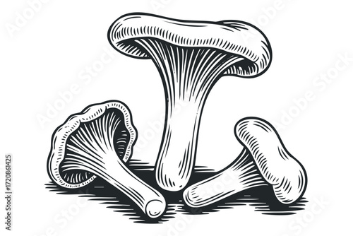 Woodcut Style Chanterelle Mushrooms on White Background. Vector hand drawn illustration