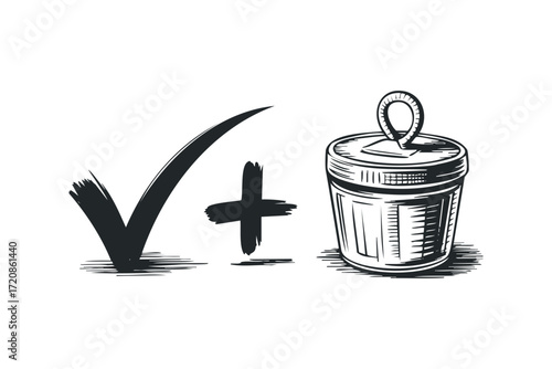 Checkmark and Plus Sign Next to a Container. Vector hand drawn illustration