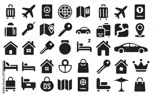 Solid black silhouette icon set of lifestyle and miscellaneous elements, including airplane, passport, taxi, suitcase and more, bold flat vector shapes, clean modern style, professional design