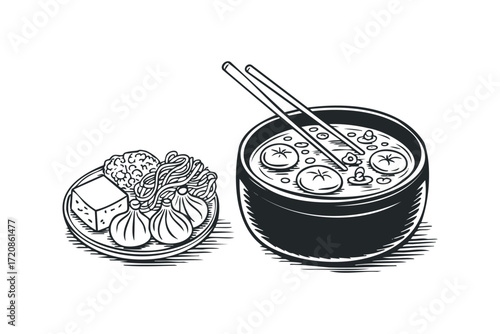 Bowl of soup with dumplings and noodles on plate. Vector hand drawn illustration